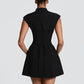 Women Cap Sleeve Sexy Mini Dress Stand Collar Cutout Front Lace Up Back Flared Dress A Line Party Cocktail Short Dress