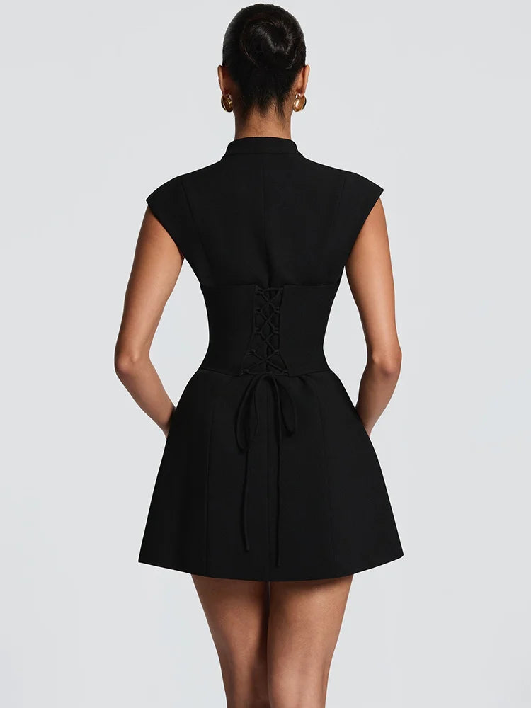 Women Cap Sleeve Sexy Mini Dress Stand Collar Cutout Front Lace Up Back Flared Dress A Line Party Cocktail Short Dress