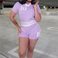 Knit Patchwork 2 Piece Set Tracksuit Women Letter Print V-Neck Crop Tops+Skinny Shorts Casual Fashion Sporty Outfits