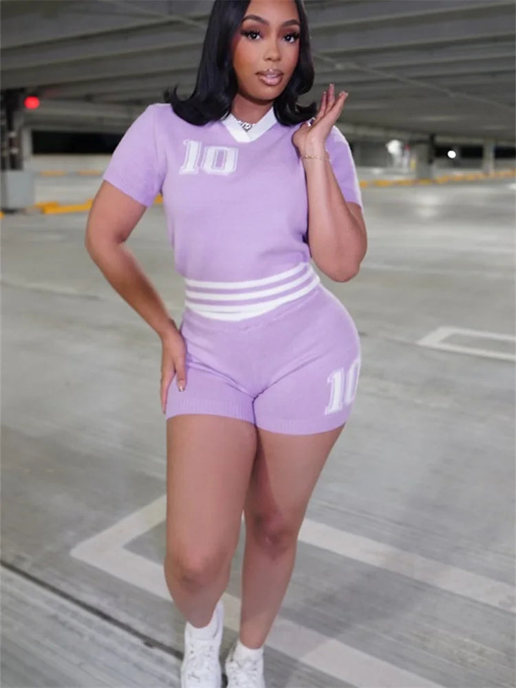 Knit Patchwork 2 Piece Set Tracksuit Women Letter Print V-Neck Crop Tops+Skinny Shorts Casual Fashion Sporty Outfits