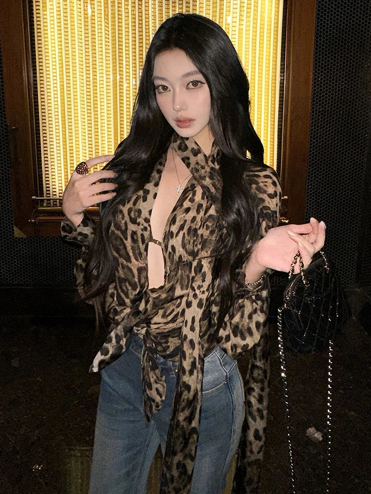 Sexy Leopard Chiffon Shirt Women Halter Ribbon Deep Neck Lace-Up Long Sleeve Elegant Commute Wild Midnight Clubwear