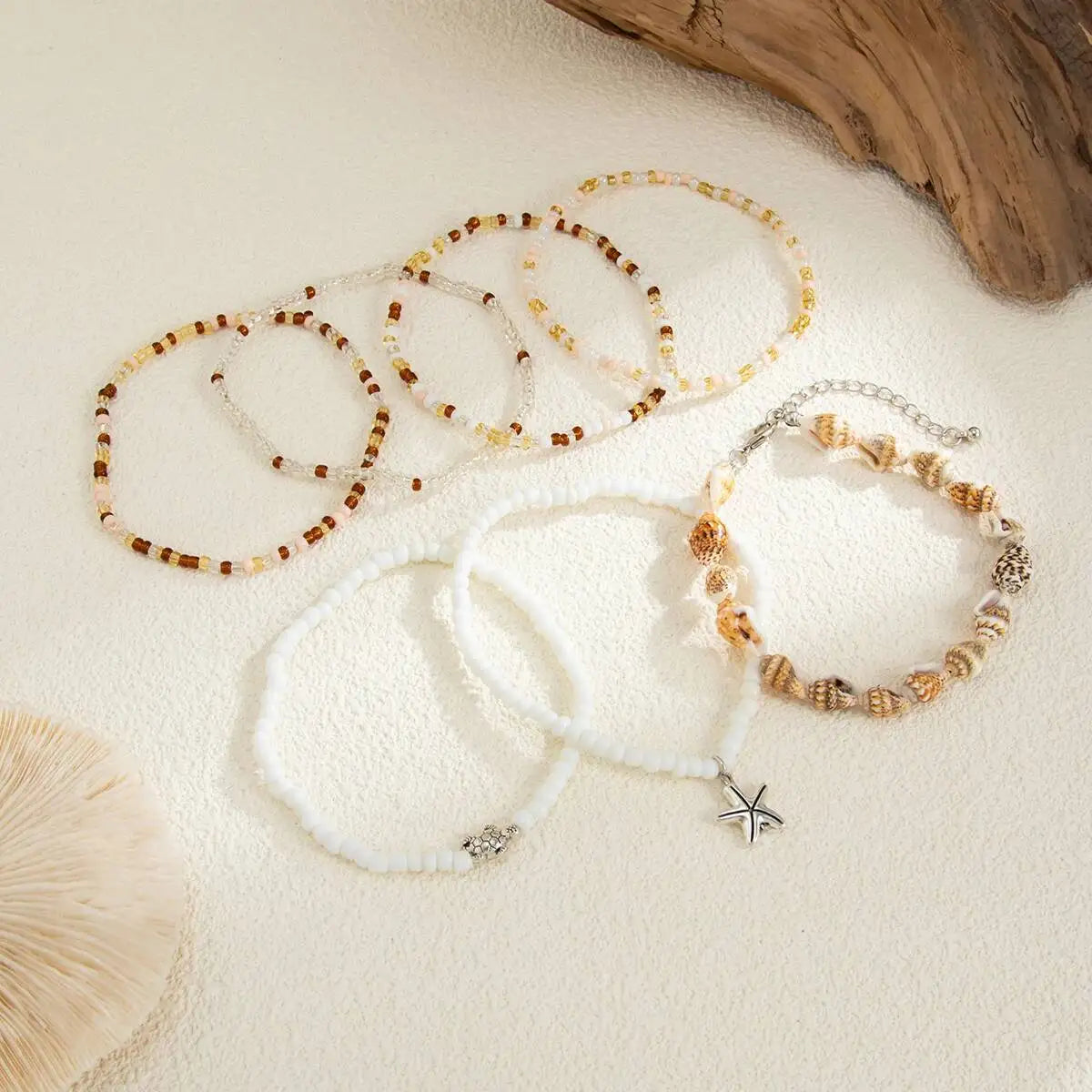 Y2K Boho Starfish Conch Pendant Anklet for Women Summer Beach Vintage Rice Beads Ankle Barefoot Chain Foot Jewelry Set