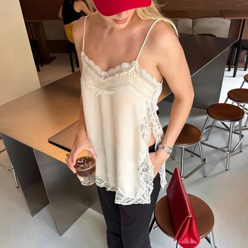 Women Lace Trim Satin High Low Tops Silk Spaghetti Strap Side Split Asymmetrical Cami Top Flowy Silky Layering Tops