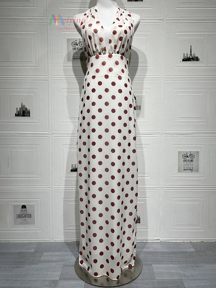 Polka Dot Backless Sexy Maxi Dress Women Elegant Halter Deep V Neck Sleeveless Bodycon Split Club Party Long Dress