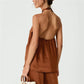 Halter Neck Satin Top for Women with Knot Front and Open Back Design Sleeveless Solid Color Elegant Party Summer Blouse