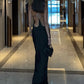 Backless Halter Satin Dress Women Metal Buckle Elegant Patchwork Sleeveless Fashion Classic Evening Party Boducon