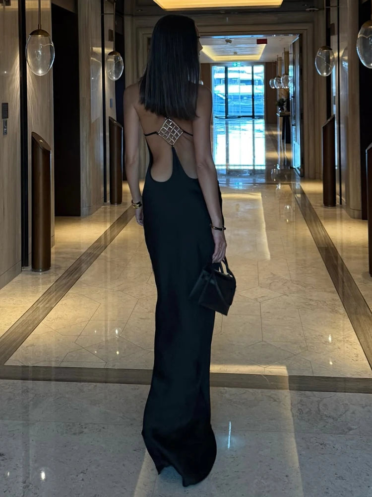 Backless Halter Satin Dress Women Metal Buckle Elegant Patchwork Sleeveless Fashion Classic Evening Party Boducon