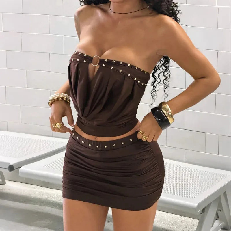 Sexy 2 Pieces Set for Woman Skirt and Top Summer Rave Outfits Festival Woman Club Wear Coord Set