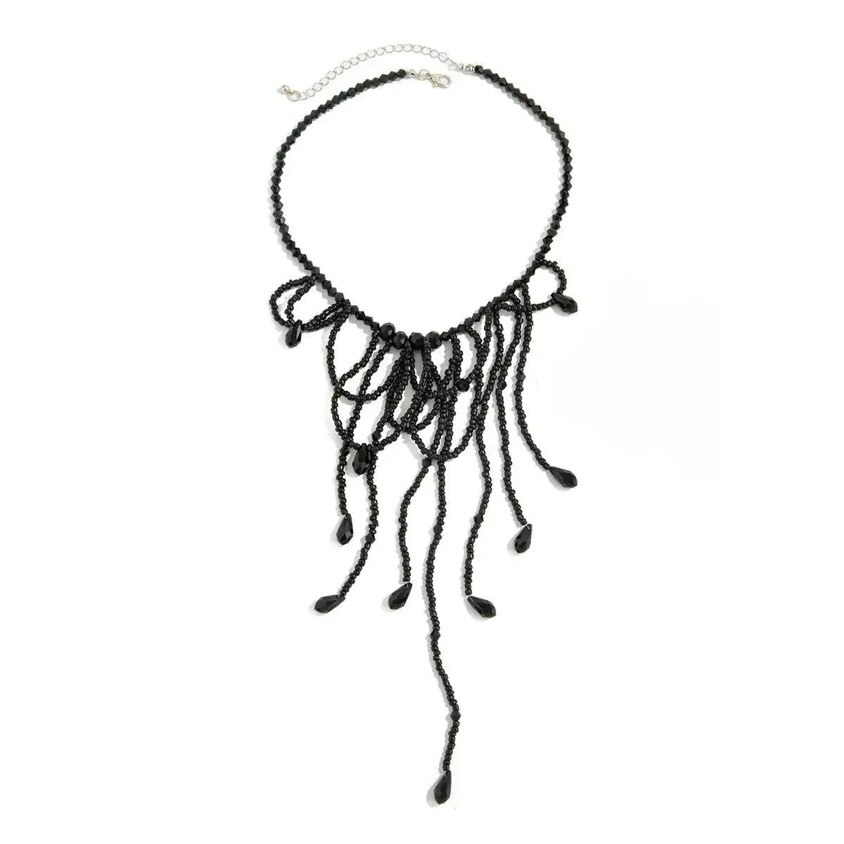 Women's Neo-Gothic Black Red Crystal Beaded Tassel Pendant Necklace Vintage Halloween Party Jewelry Accessory