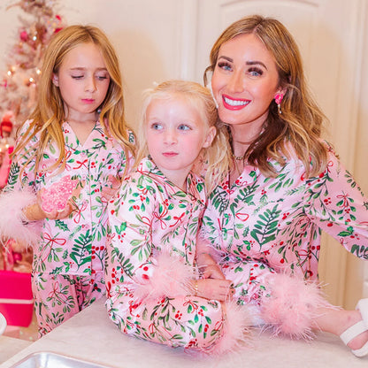 Mommy and Me Christmas Pajamas Set Feather Trim Long Sleeve Matching Xmas Pjs Mother Daughter Loungewear Nightwear