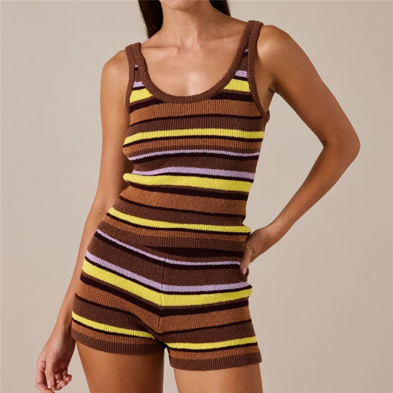 Women's Striped Knit Two-Piece Set Sleeveless Tank Top and Biker Shorts Cozy Fuzzy Loungewear Casual Homewear