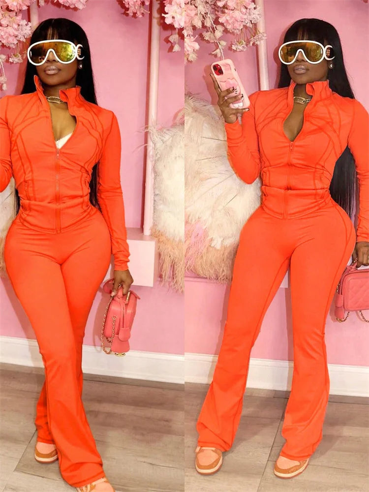 Sporty 2-Piece Set Women Zip o-Neck Hollow Long Sleeve Coat+Stretch Trouser Solid Autumn Trend Simple Daily Street Suits