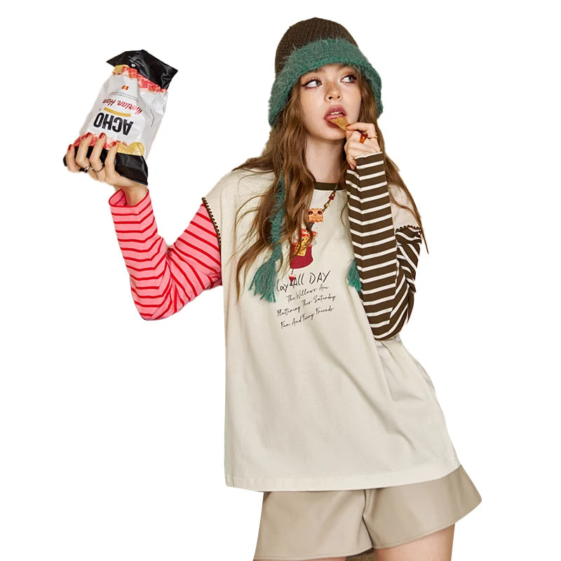Women's Ringer Long Sleeve Tee with Cartoon Graphic Print, Contrast Striped Sleeve Top for Everyday Casual