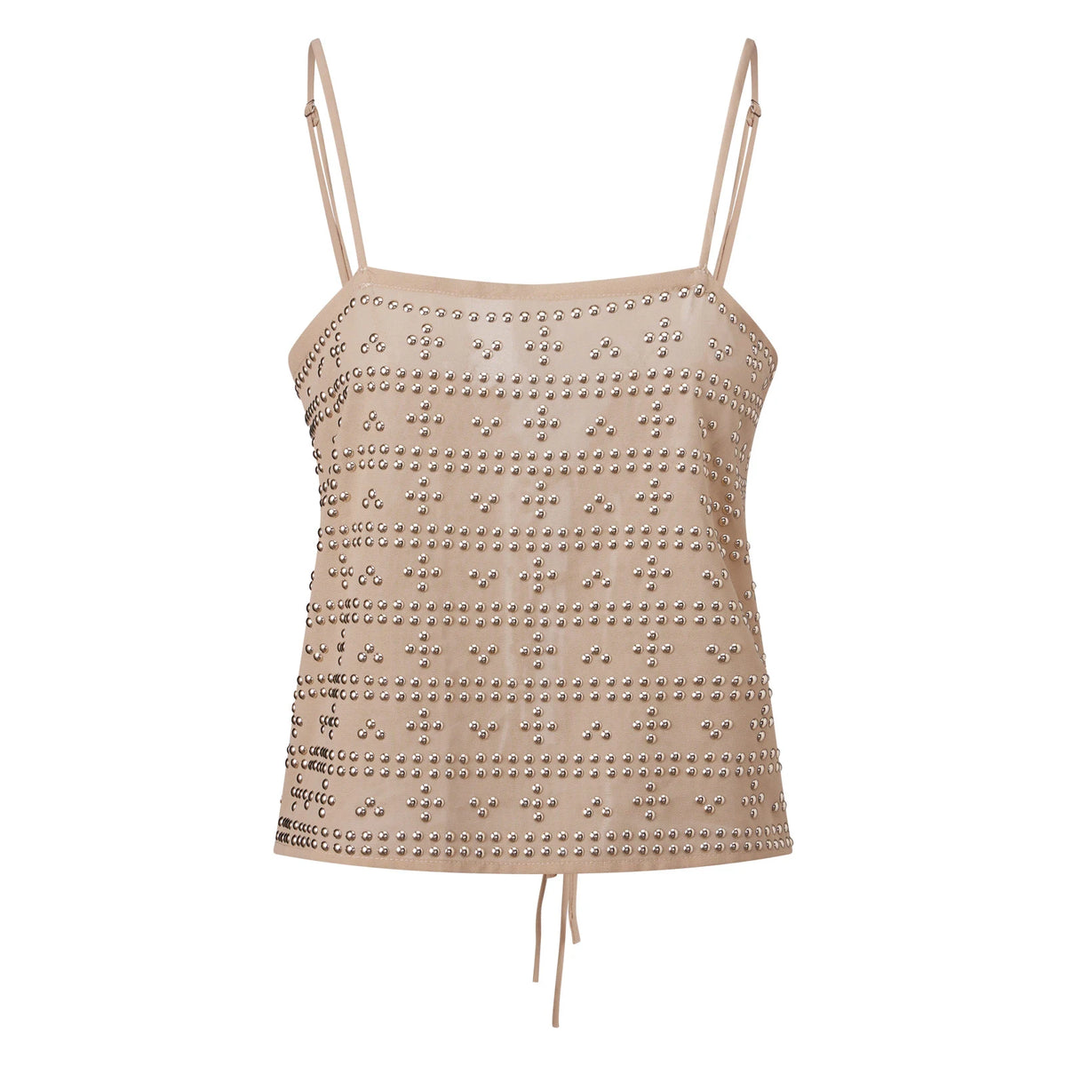 Women's Rhinestone Embellished Cami Top Spaghetti Strap Sheer Mesh Tie Back Sleeveless Loose Casual Summer Party Blouse