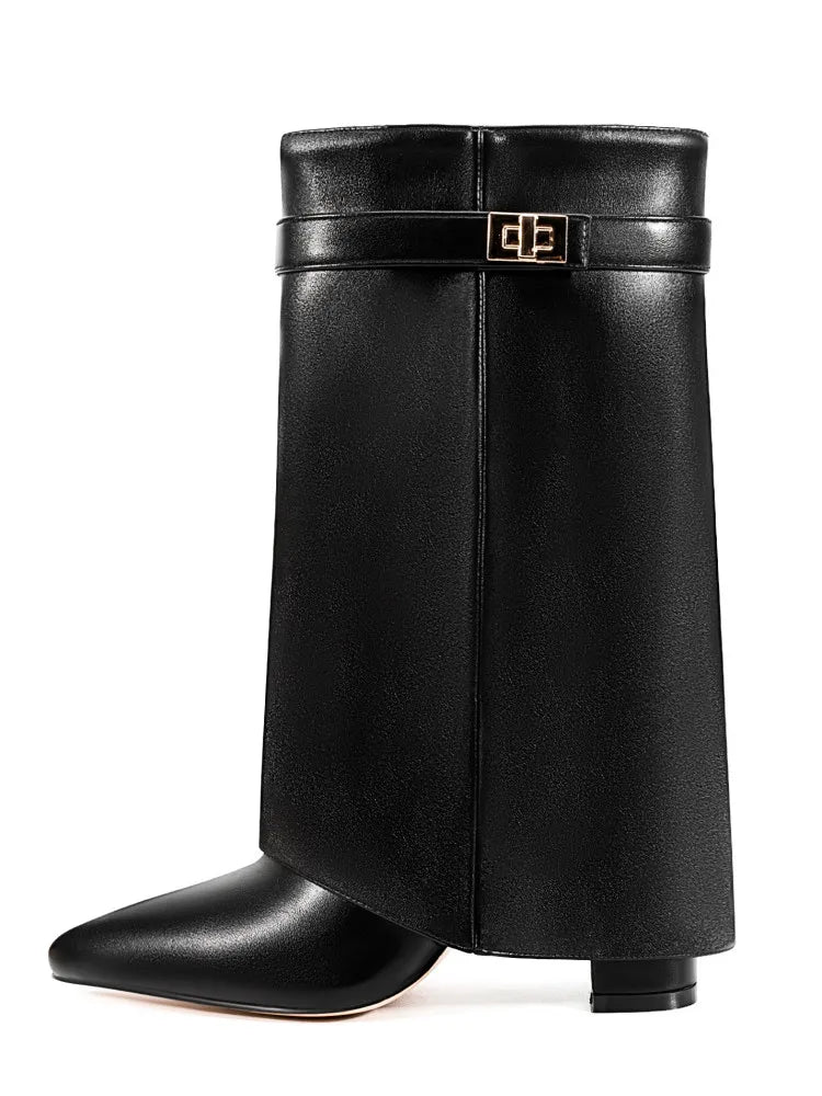Autumn and Winter New Pointed Metal Buckle Knee High Women's Boots, Thick High-heeled Pants Boots, Fashionable Mid Leg Boots