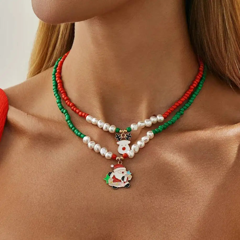 Christmas 2Pcs/set Christmas Elk Bell Socks Pendant Necklaces Women Boho Imitation Pearl Bead Chain 2026 Fashion Jewellery Gift