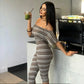 Off Shoulder Striped Capri Set Casual Fall Outfits Women's Matching Sets 2 Piece Pantsuits for Woman