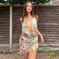 Women Halter Neck Tank Dress Slim Fashion Print Low Cut Sleeveless Open Back Mini Bodycon Dress with Decorative Belt