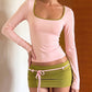 Fashion Sexy Simple 2 Piece Set Women Autumn Line Patchwork Low-Neck Full Sleeve T-Shirt+Bandages Skirts Chic Party Suits