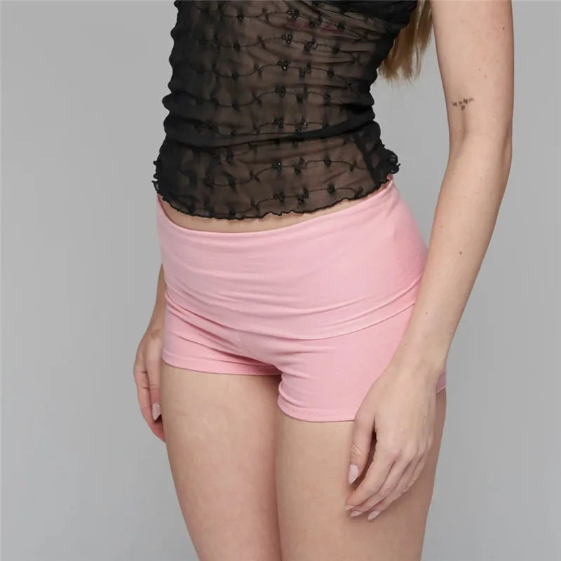 Women's Fold Over Waist Low Rise Yoga Shorts Slim Fit Stretchy Cotton Casual Summer Lounge Shorts for Daily Workout