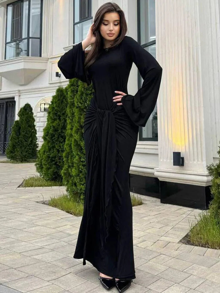 Long Sleeve Draped Ruched Sexy Maxi Dress Women Autumn Winter O Neck High Waist Bodycon Club Party Long Dress Elegant