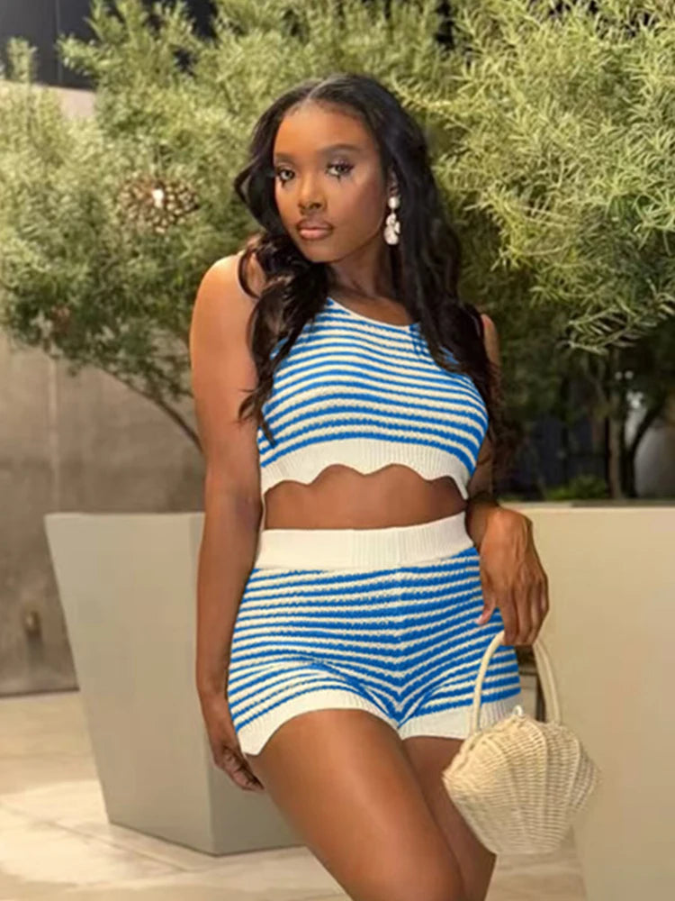 Crochet Stripe Patchwork 2 Piece Set Women Summer Trend Ruffles Hem Tank Tops+Skinny Shorts Street Casual Sporty Suit
