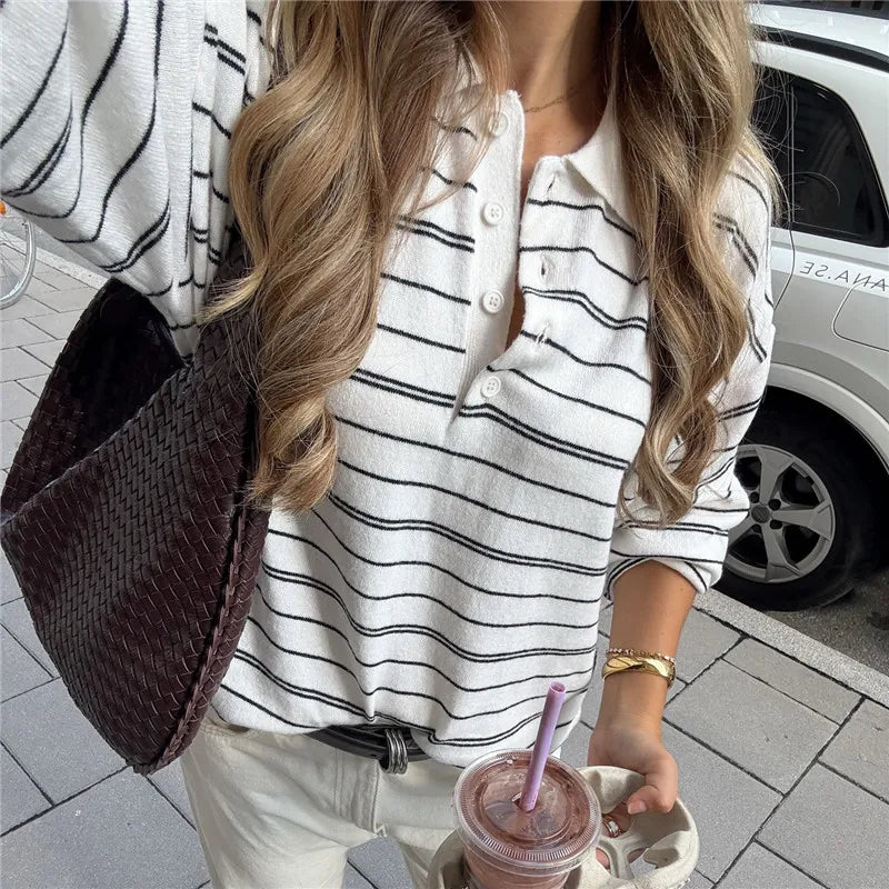 Women Knit Oversized Striped Sweater Tops Winter Warm Long Sleeve Turn-down Collar Loose Fit Tops Y2K Streetwear