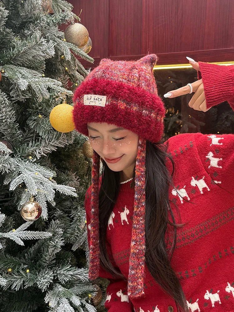 Cute Sweet Cat Ear Pom Pom Plush Warm Knit Beanie For Women