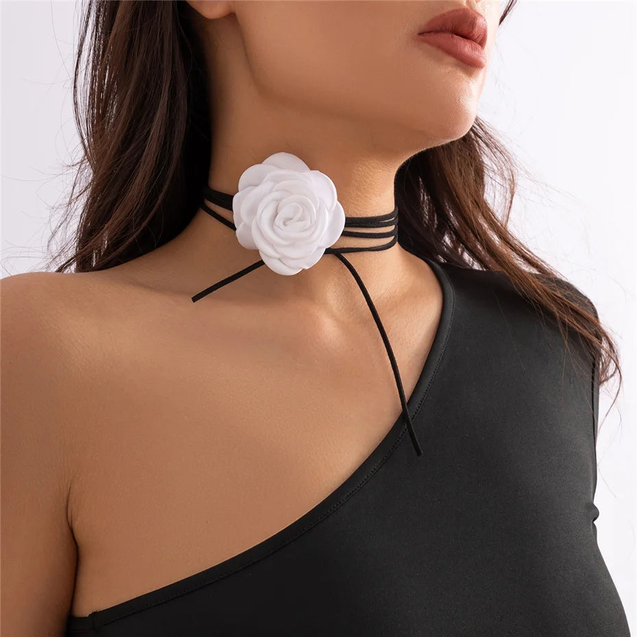 Exaggerated Romantic Big Rose Flower Clavicle Chain Necklace Women Kpop Adjustable Bowknot Rope Choker Jewelry Y2K Accessories