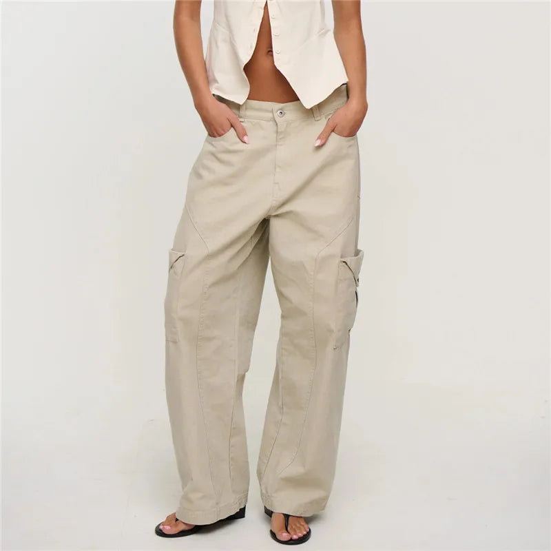 Vintage Y2K Women Baggy Wide Leg Cargo Pants Mid Rise Flap Multi Pockets Stitch Seam Loose Straight Trousers Streetwear