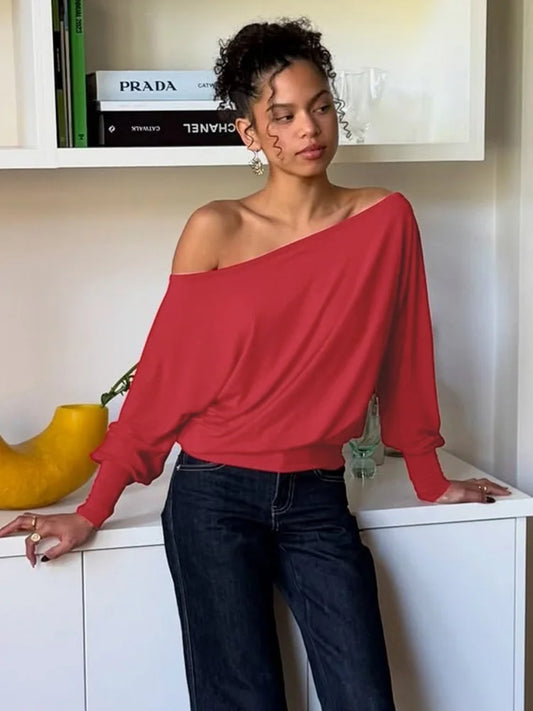 Solid Color Off Shoulder T Shirt Long Sleeve Tops Fashion 2026 Woman Clothes