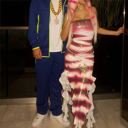 Halloween Shark Tale Costume Dress for Women Anime Sexy Sequin Tassel Hem Fish Strapless Tube Cosplay Maxi Dress