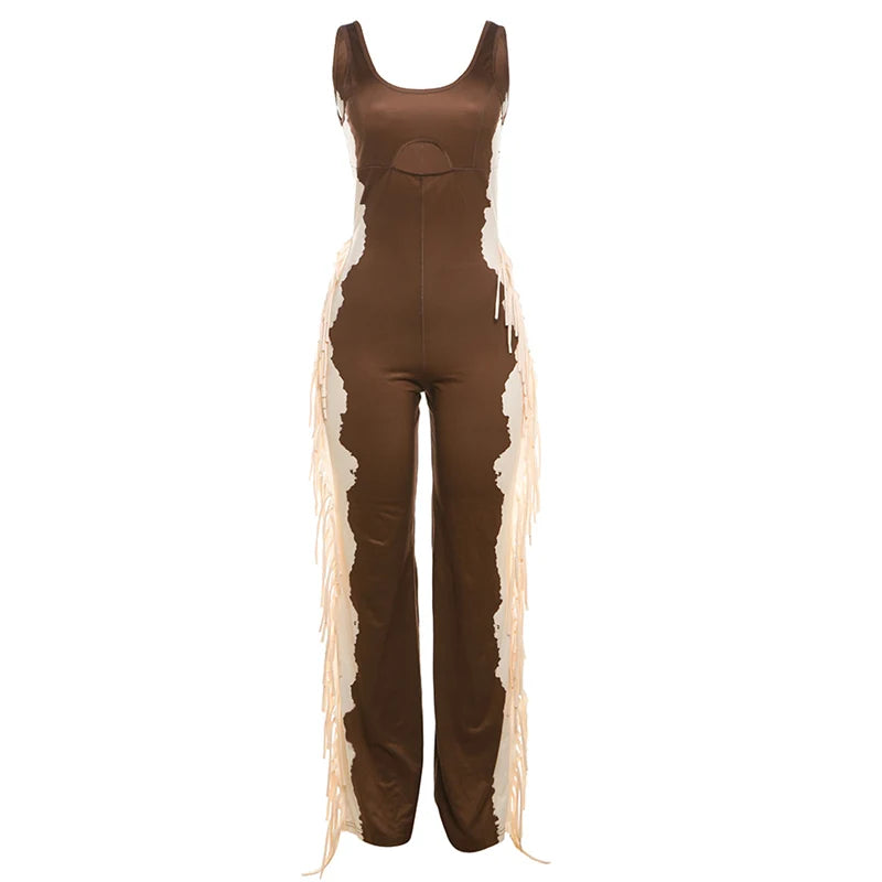 Chic Side Tassel Jumpsuit Women Sexy Hollow Contrast Stretch Summer Fashion Sleeveless Elastic Workout Long Overalls