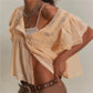 Women Boho Square Neck Lace Blouse Puff Short Sleeve Button Front Pleated Loose Cropped Shirt Vintage Cottage Summer Top