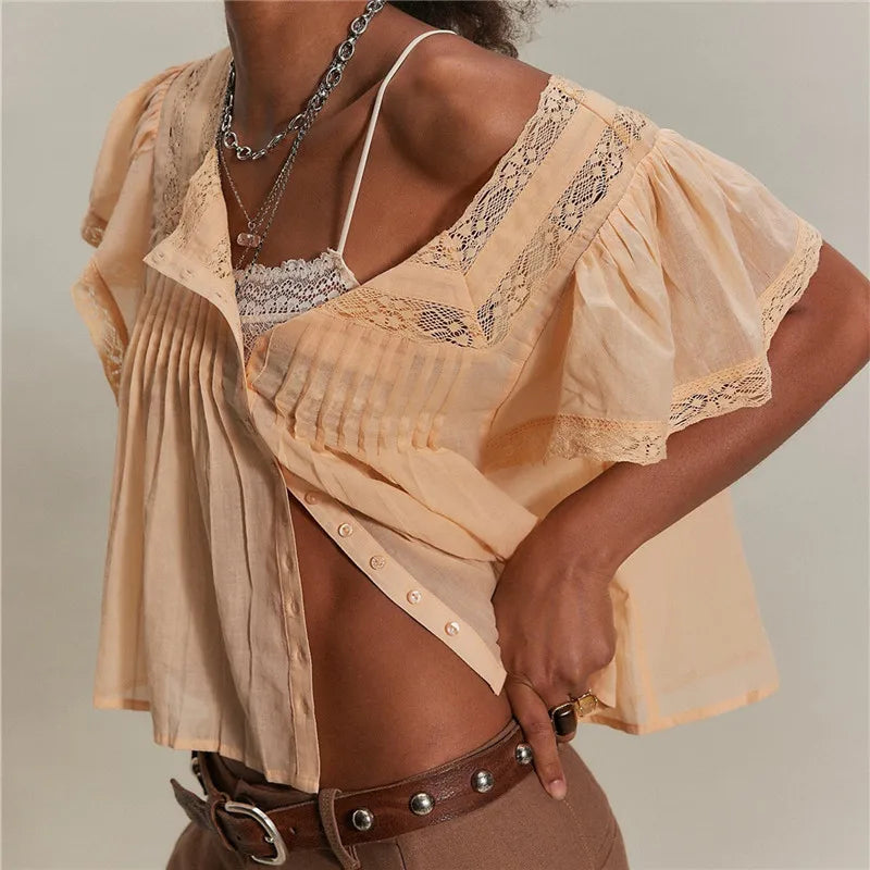 Women Boho Square Neck Lace Blouse Puff Short Sleeve Button Front Pleated Loose Cropped Shirt Vintage Cottage Summer Top