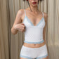 Comfortable 2-Piece Set Women Patchwork Lace Polka Dot Print v-Neck Sexy Camisole+Simple Mini Short Sweet Chic Pajamas