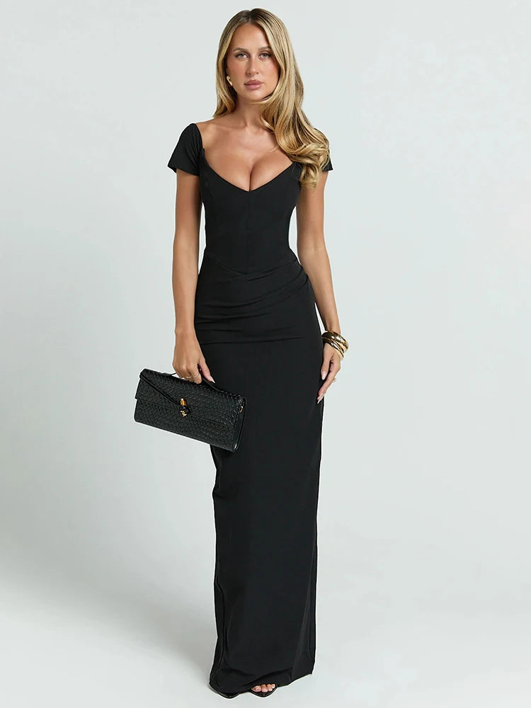 V Neck Short Sleeve Sexy Maxi Dress Women Elegant Off-shoulder Backless Back Split Bodycon Club Party Long Dress
