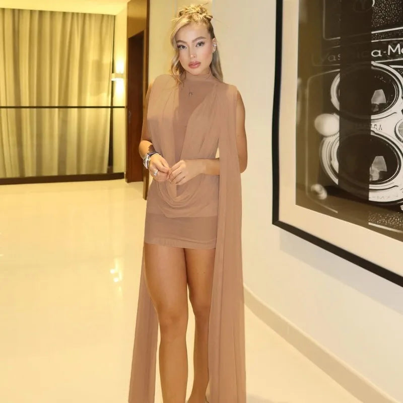 Pleated Mesh Mini Dress with Cape Sleeve See Through White Party Dresses Sexy Club Wear Woman Clothes