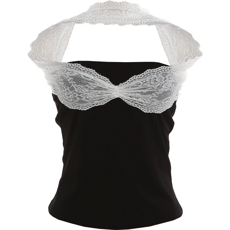 Halter Y2K Tank Top Women Patchwork Mesh Summer Trend Strapless Hollow Lace-Up Wild Beach Vacation Clubwear Camisole