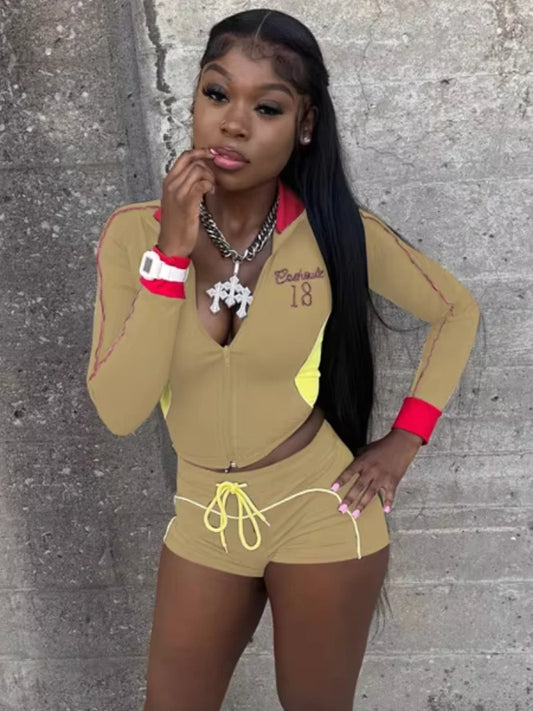 Sporty Tracksuit 2-Piece Set Women Patchwork Zip Letter Print Jackets+Drawstring Shorts Matching Simple Casual Outfit