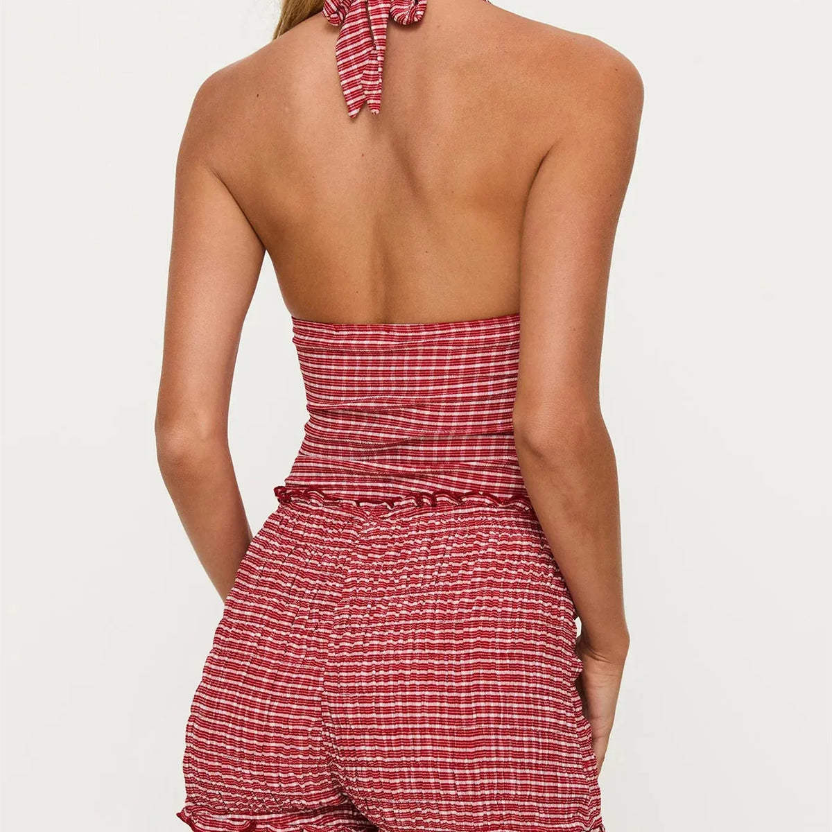 Women's Summer Y2K Gingham Halter Top Two Piece Outfit Backless V Neck Crop Top and Ruffle Hem Smocked Shorts Set