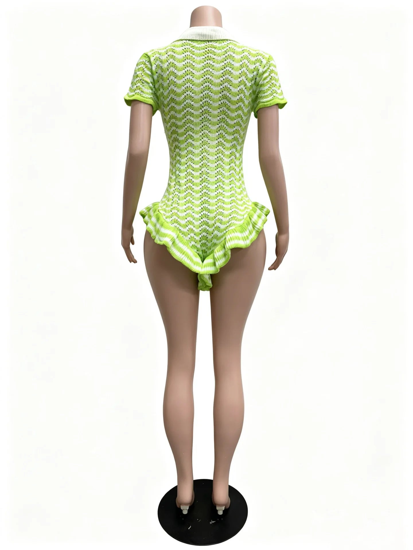 Ruffled Edge Knit Romper Women Sexy Single-Breasted Turn Down Collar Short Sleeve Fashion Trend Party Street Playsuit
