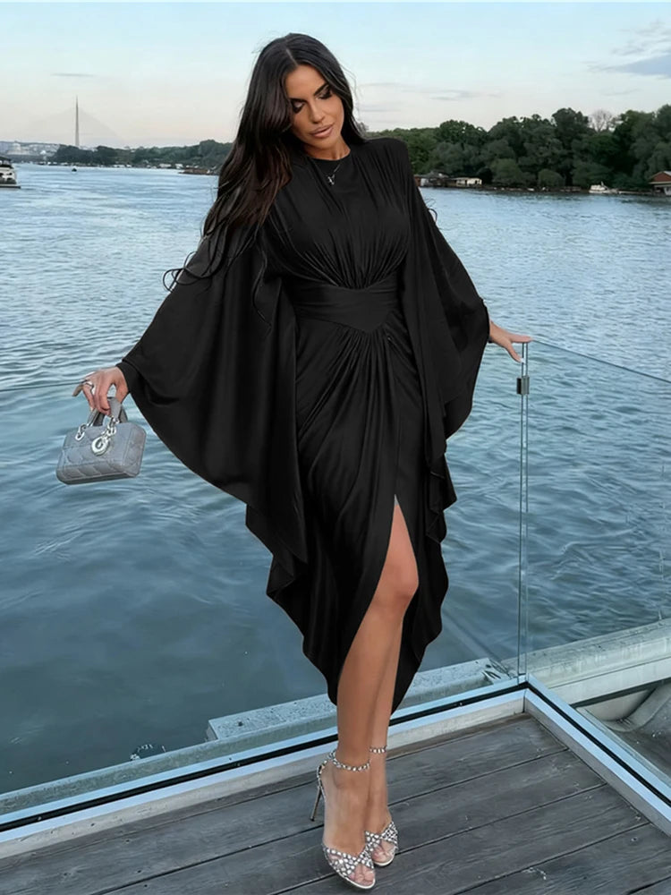 Classic Flare Sleeve Dress Women Patchwork O-Neck Irregular Hem Sexy Elegant Simple Skinny Evening Prom Party Bodycon