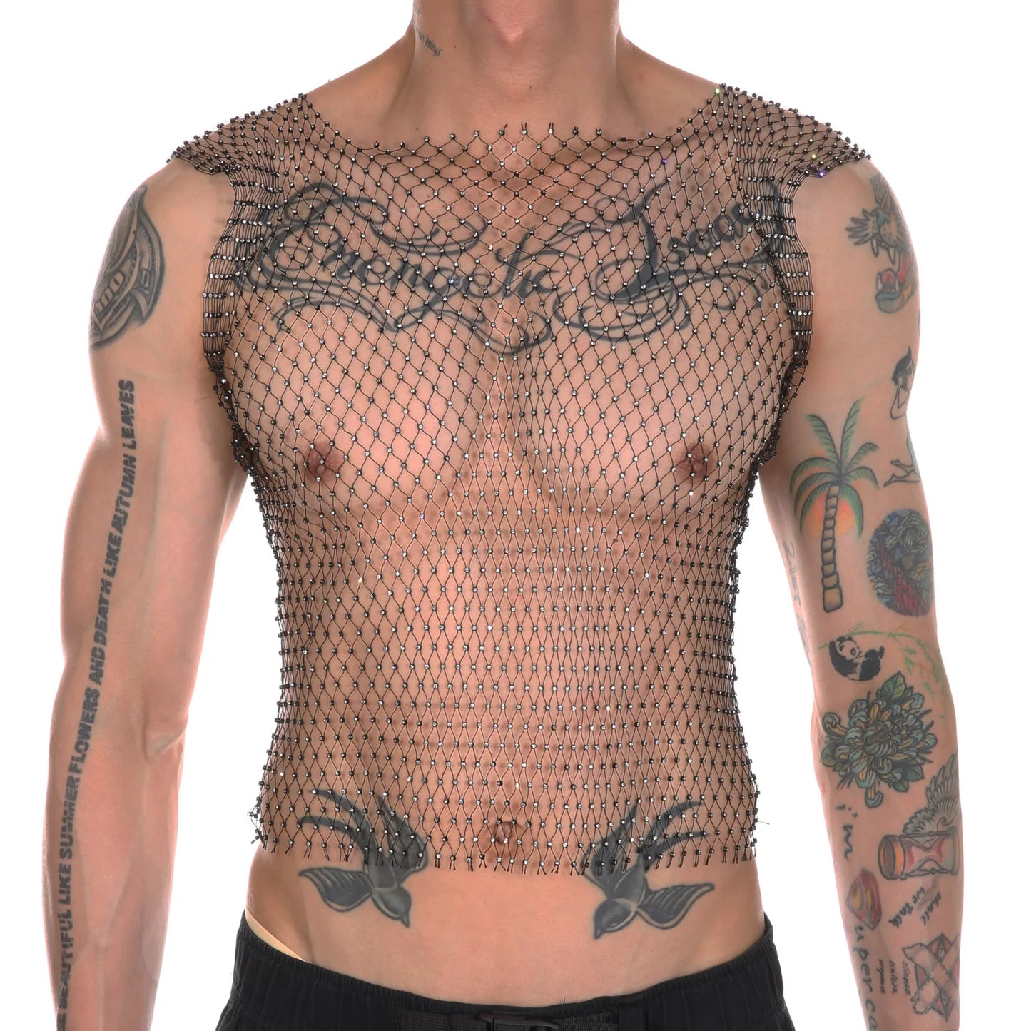 Men Fishnet Sexy Tank Tops Man Rhinestone Shiny See-Through Hollow Vest Mesh Sleeveless T-Shirt Transparent Clothing Clubwear