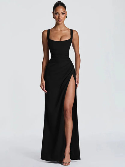 Square Collar Backless Sexy Maxi Dress Women Elegant Spaghetti Strap Sleeveless High Split Bodycon Club Party Dress