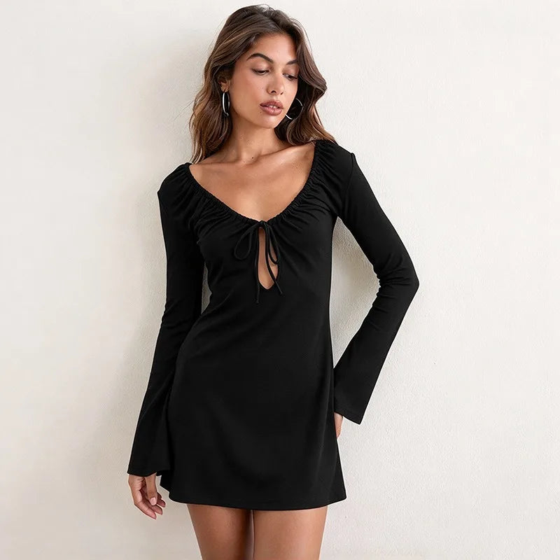 Flared Long Sleeve Mini Dresses Deep V Neck Front Tie Cutout Black Fitted Dress for Woman Clothing Fall 2026