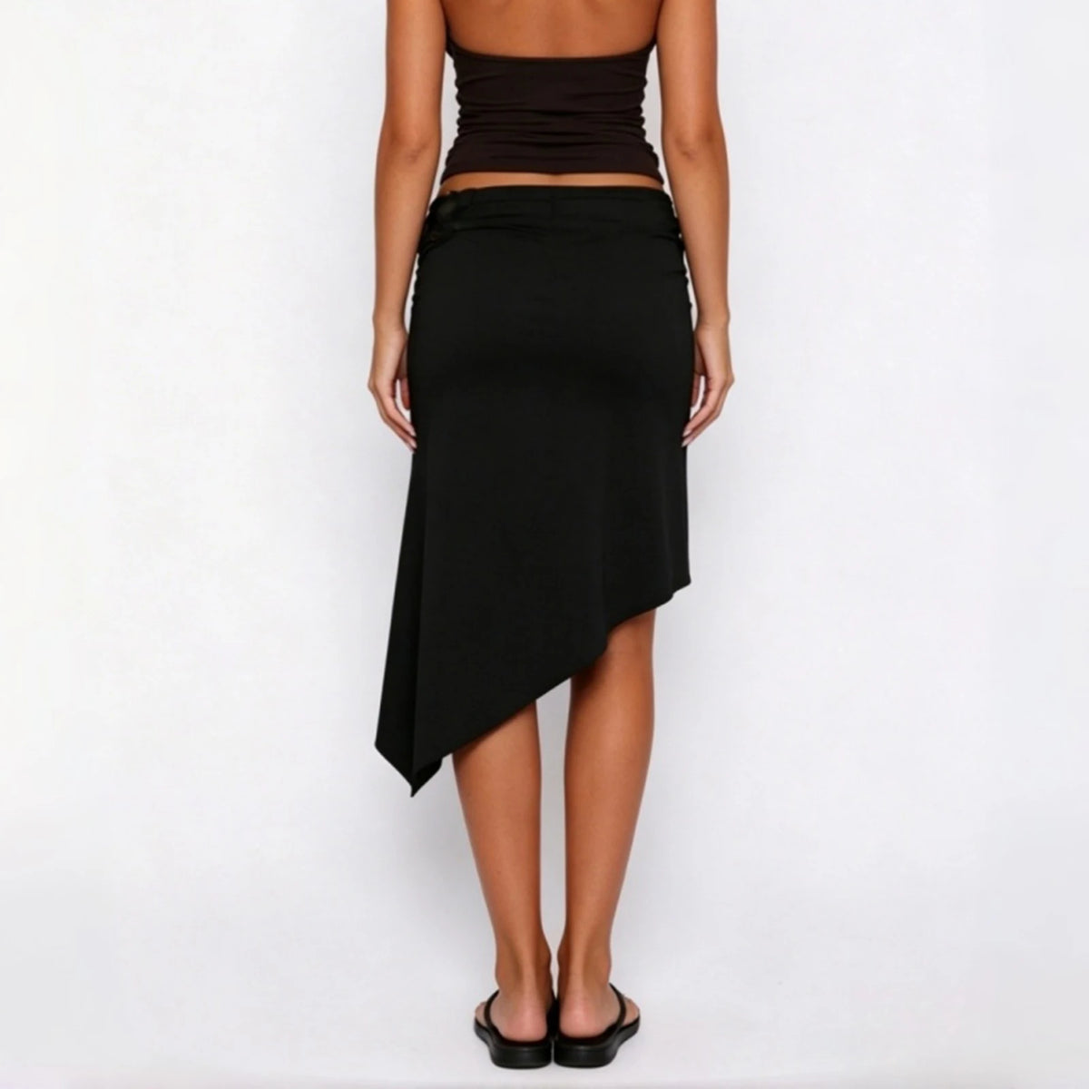 Women Asymmetric Midi Skirt Metal Buckle Ruched Waist Wrap Skirt Irregular Hanky Hem Bodycon Skirt Y2K Party Streetwear