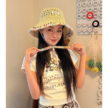 Women's Crochet Straw Bucket Hat, Beaded Tassel Sun Hat with Adjustable Chin Strap for Beach