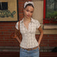 Fitted Button Up Shirt Plaid Print Short Sleeve Tops Y2k Vintage Summer Clothing for Woman 2026