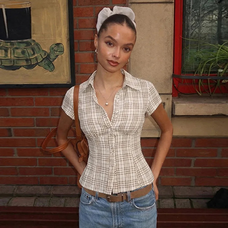 Fitted Button Up Shirt Plaid Print Short Sleeve Tops Y2k Vintage Summer Clothing for Woman 2026